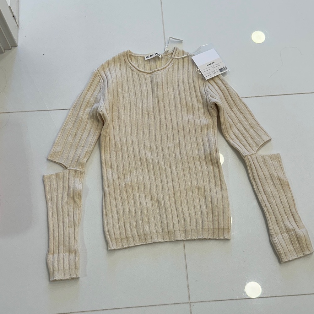 Helmut Lang ivory elbow cut out 100% wool sweater